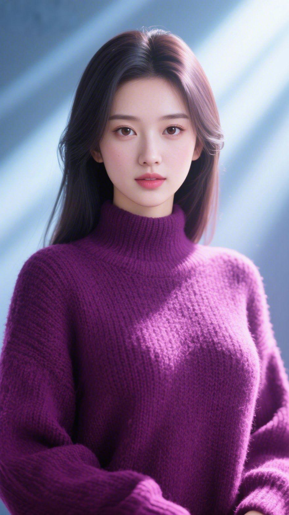 紫绒柔光浅灰底色里，几缕光斜斜铺展，落在紫绒毛衣的针脚间——像把暮秋的深紫