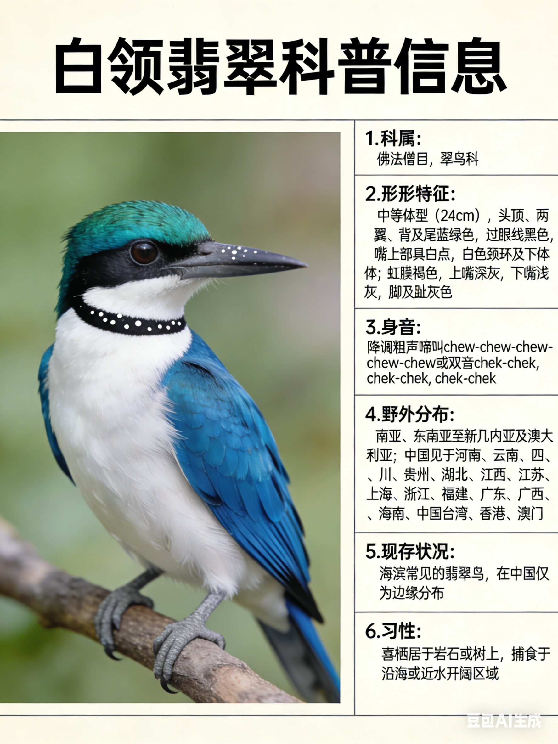 鸟类朋友图鉴白领翡翠·科属：佛法僧目，翠鸟科。·外形特征：中等体型（24cm）