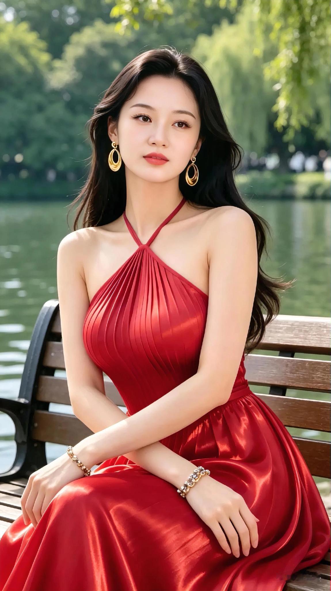 夏日红裙，湖畔静坐，优雅动人聊聊AI绘画ai国风美人绘ai画美人a