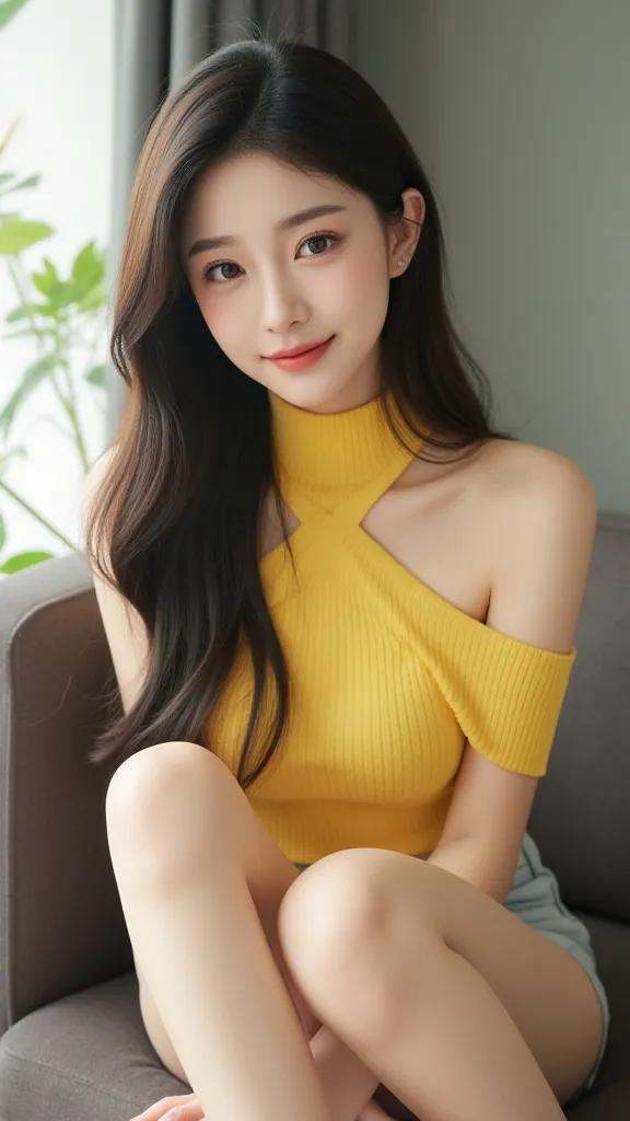 元气少女穿搭指南：黄色高领露肩毛衣，清新自然，元气满满！🌞💛👗淡淡的粉色毛