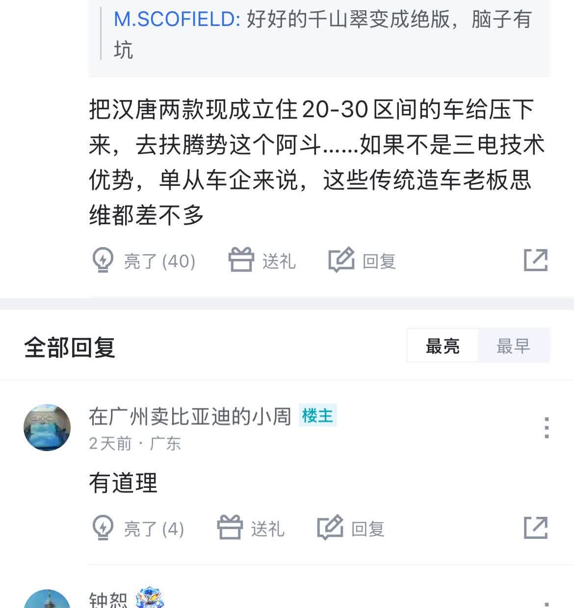 网友：“当初把汉唐两款立住20-30区间的车给拉下来，去扶腾势这个阿斗，如果不是