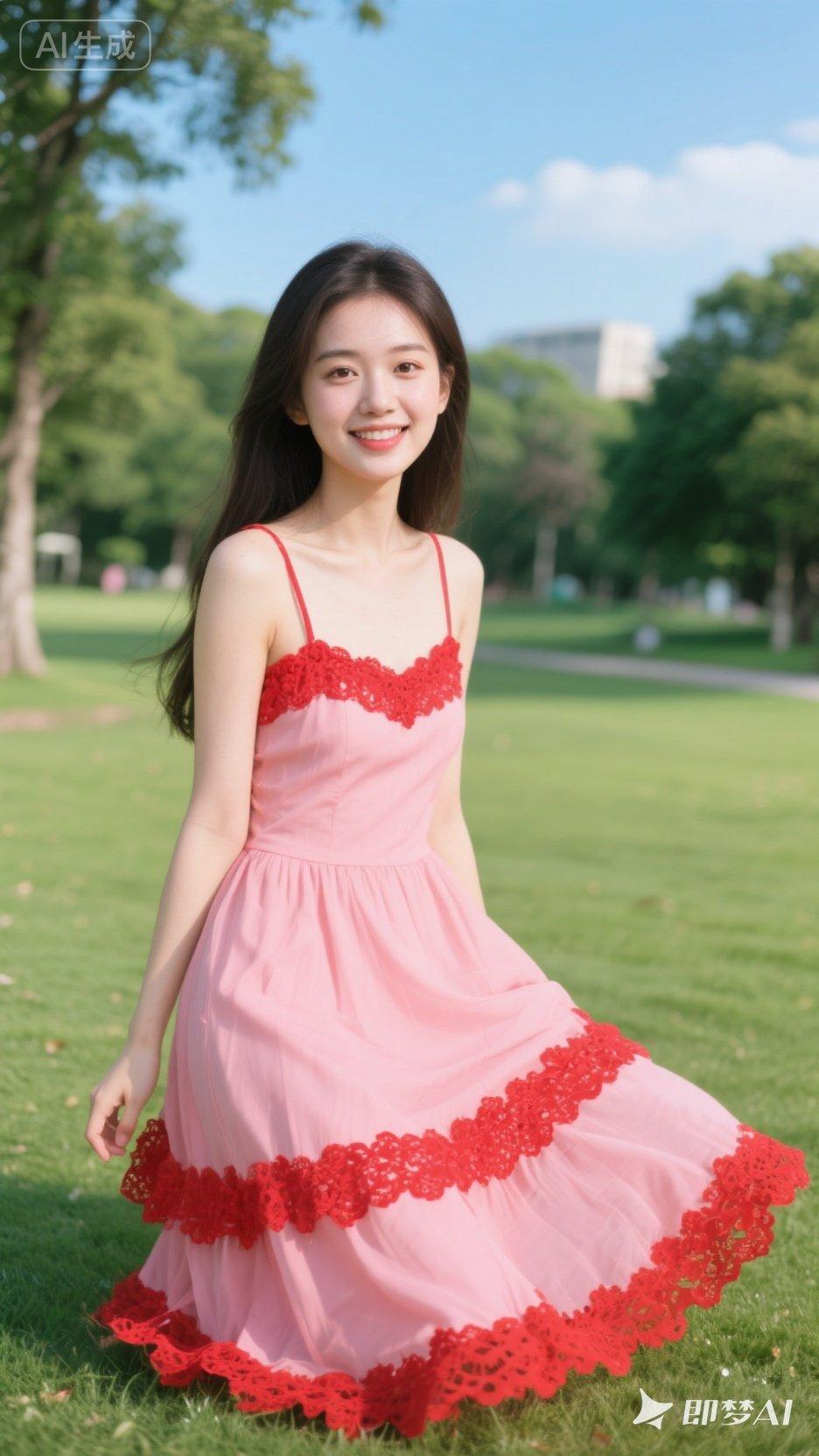 夏日粉色连衣裙，甜美少女风，公园里的小清新