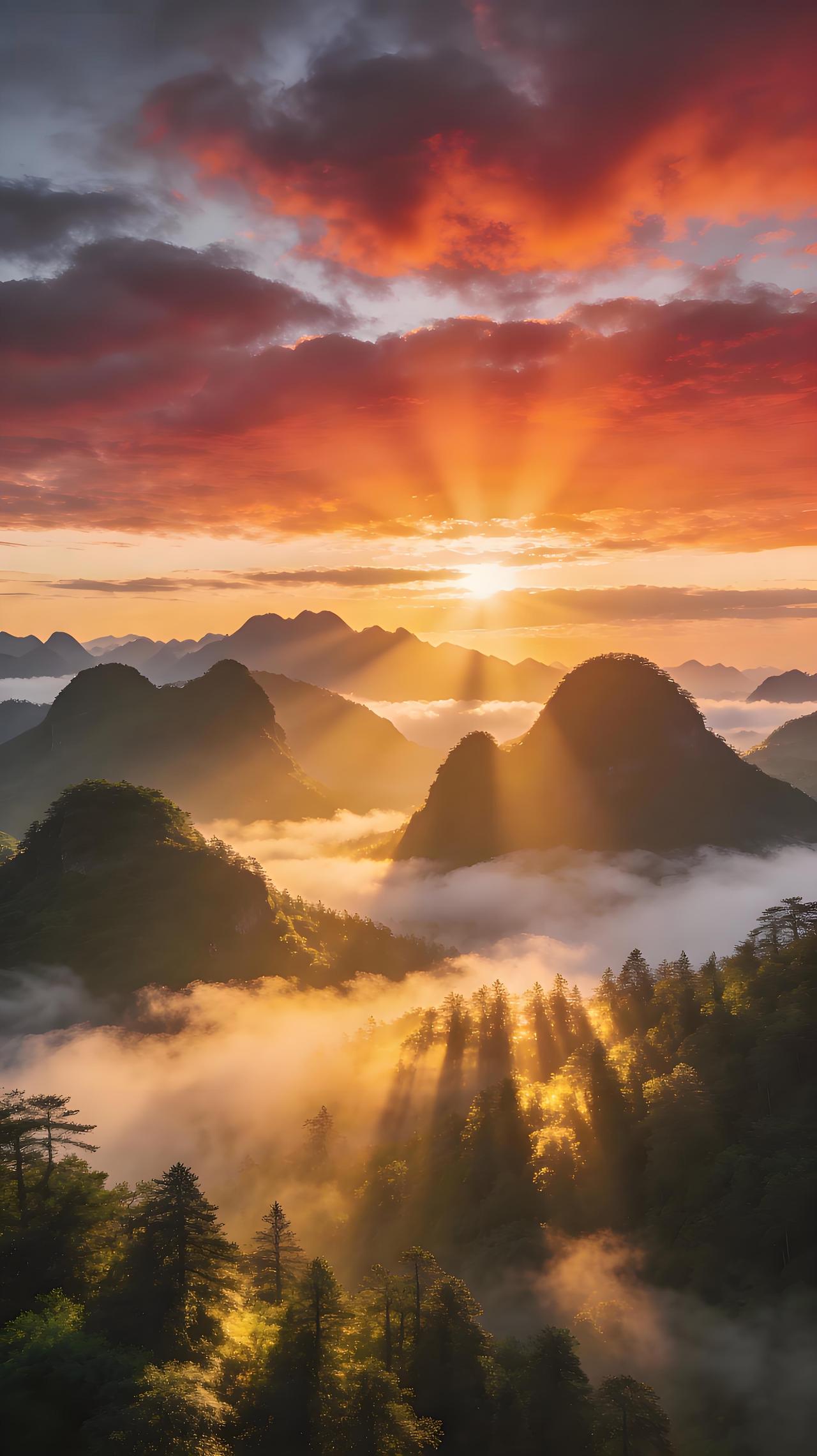 晨曦中的山峦如同褪色的水墨，在天地交接处晕染开来。当阳光穿透层层叠叠的山峰与缭