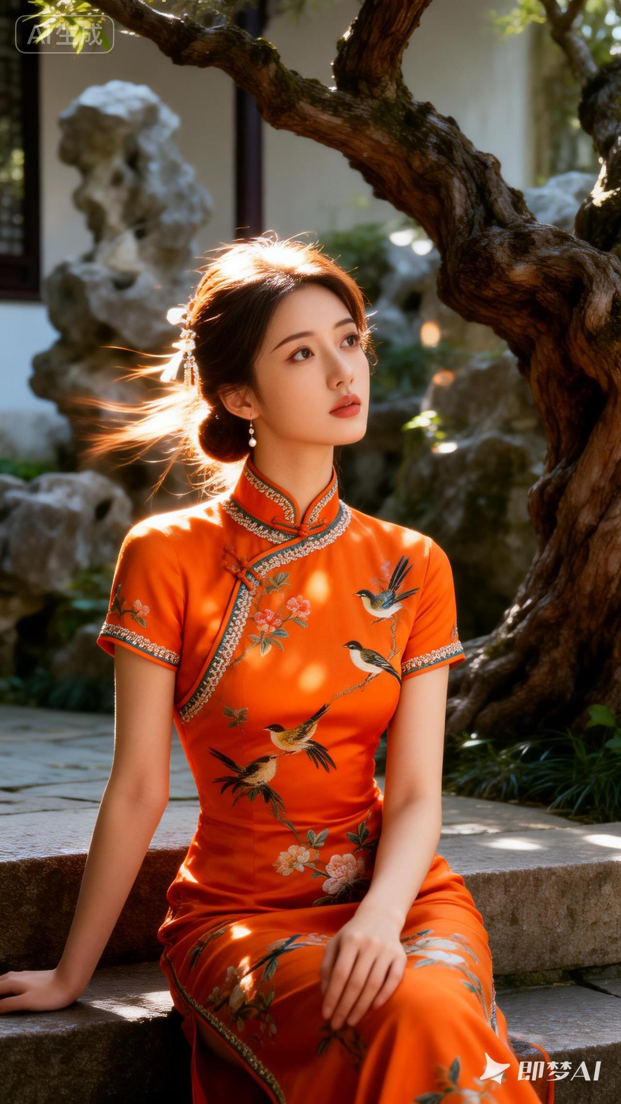 古典东方韵味，橙衣少女坐石阶，阳光洒落，静谧美好。
