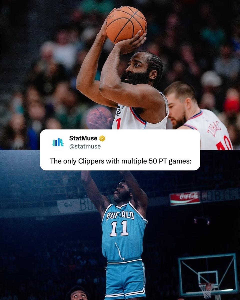 快船队史上多次砍下50分的球员：詹姆斯·哈登鲍勃·麦卡杜名单至此终结。来