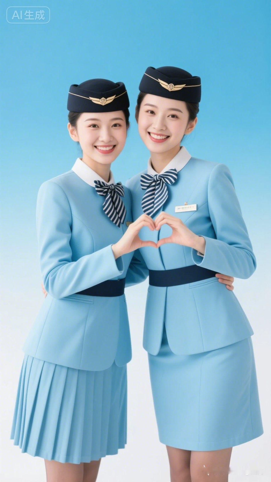 两位年轻漂亮的东亚女性，身着中国民航浅蓝色空姐制服，搭配西装外套、百褶裙、黑色空
