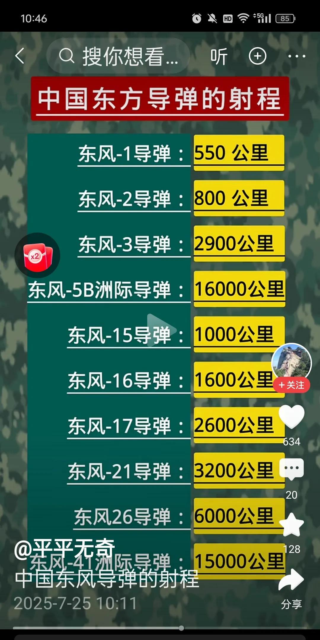 中国东风导弹家族超厉害，射程跨度极大，从几百公里到上万公里都有。像东风-1