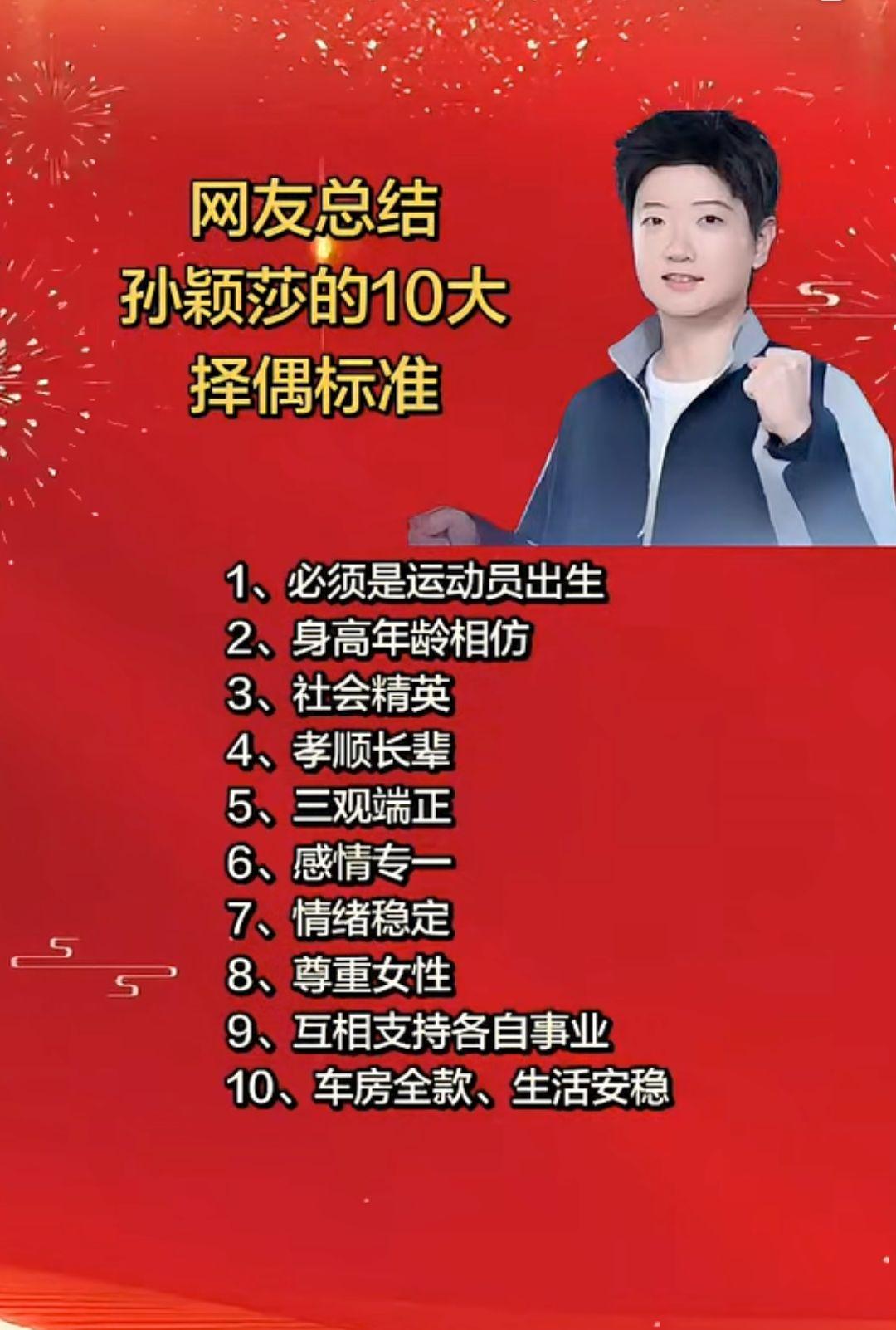网友总结孙颖莎的10大择偶标准！