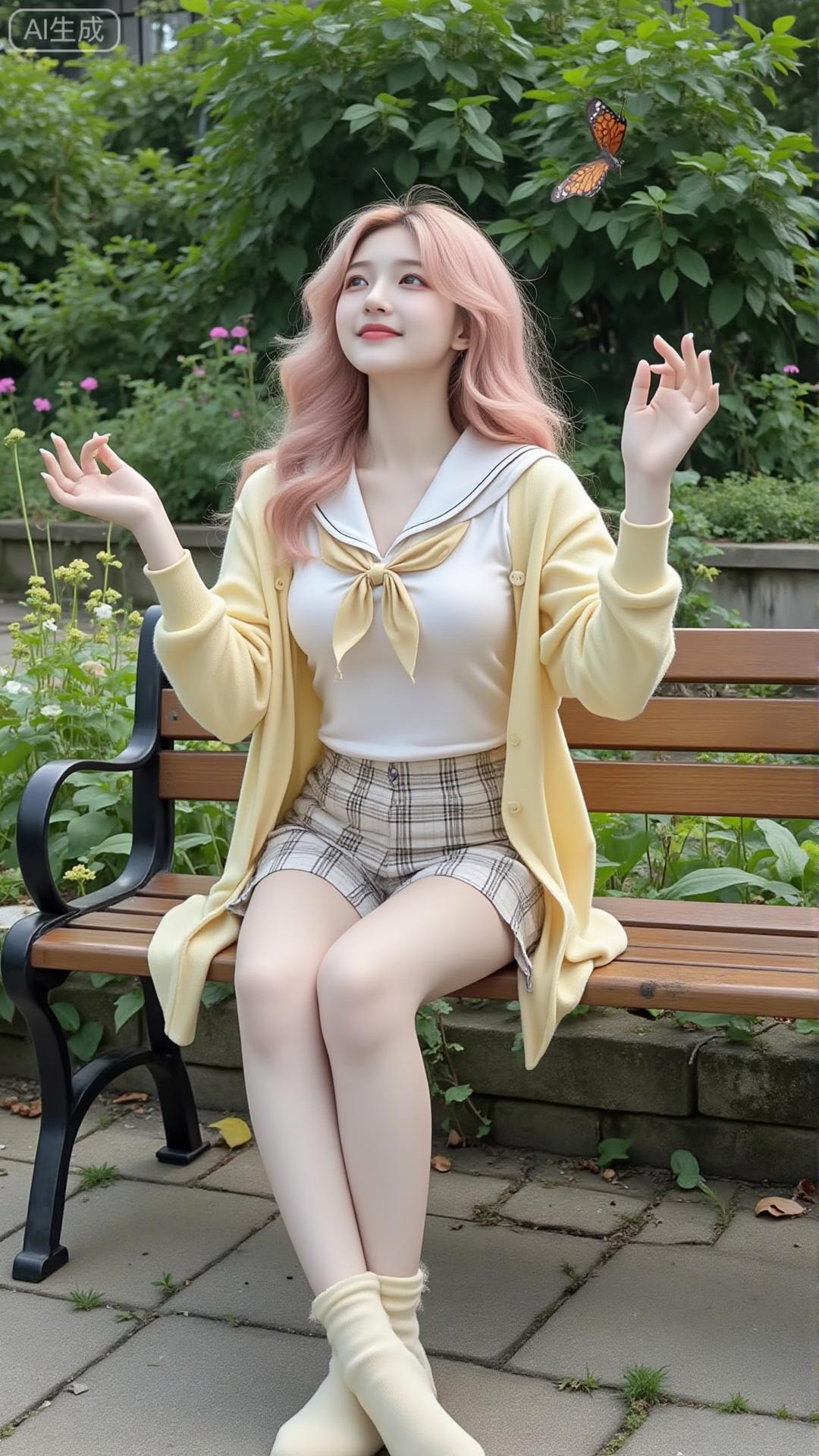 花簇边的日光里，黄开衫裹着水手领，格裙晃出软甜的夏，连蝴蝶都跟着沾了元气的调。