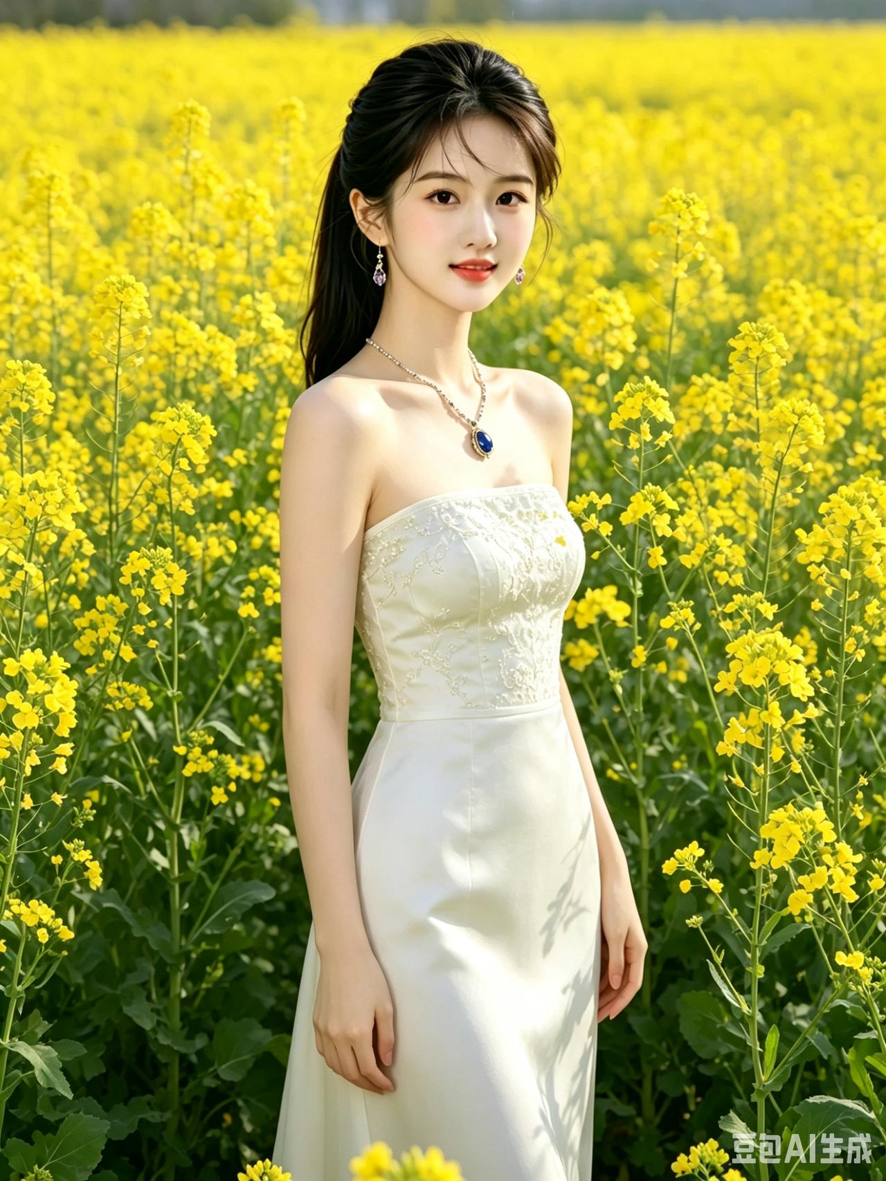 油菜花畔佳人云鬓高盘韵态妍，桃腮带笑立郊田。珠坠晶环增雅趣，体态轻盈胜花