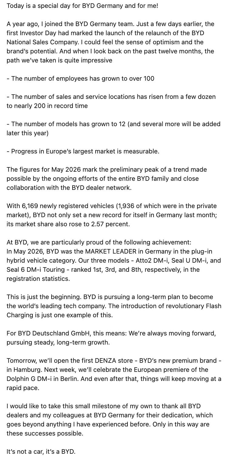 比亚迪在德国今年发展怎样了？德国国家经理在就职一周年的发言，或许可以做个小结：
