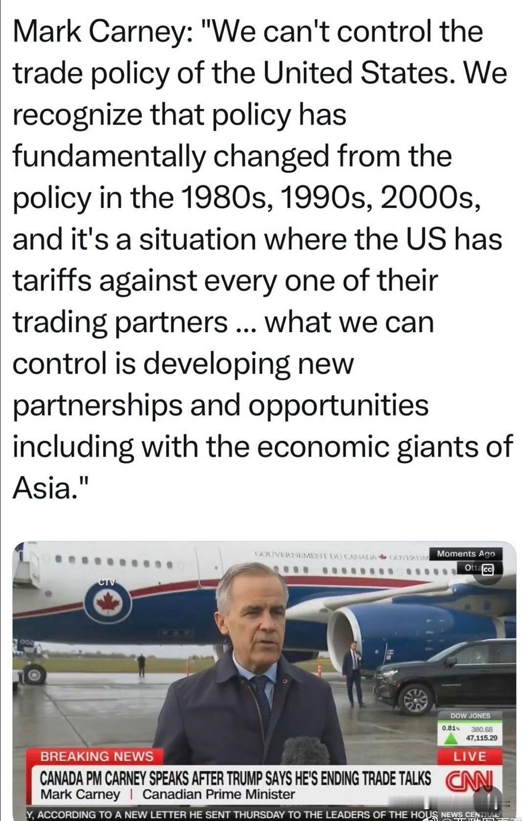 加拿大总理卡尼评“Trump终止贸易谈判”:我们无法控制美国的贸易政策,必须认