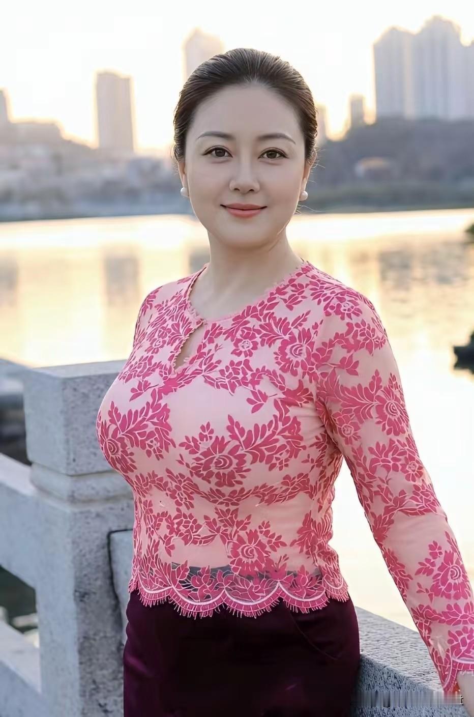 五言·江畔姝晚照映江悠，临风倚石楼。芳华凝静气，温婉蕴清柔。衣染繁花韵