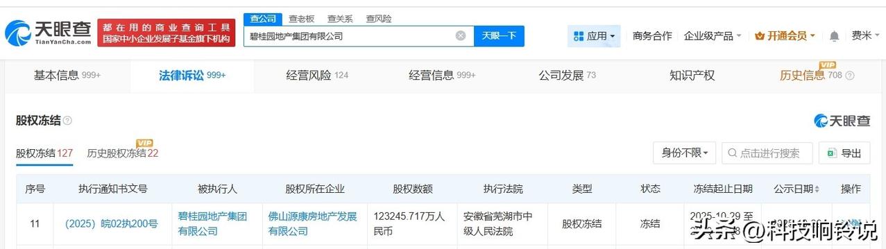 【碧桂园地产被冻结12.3亿股权碧桂园地产所持12.3亿股权被冻结】天眼查天
