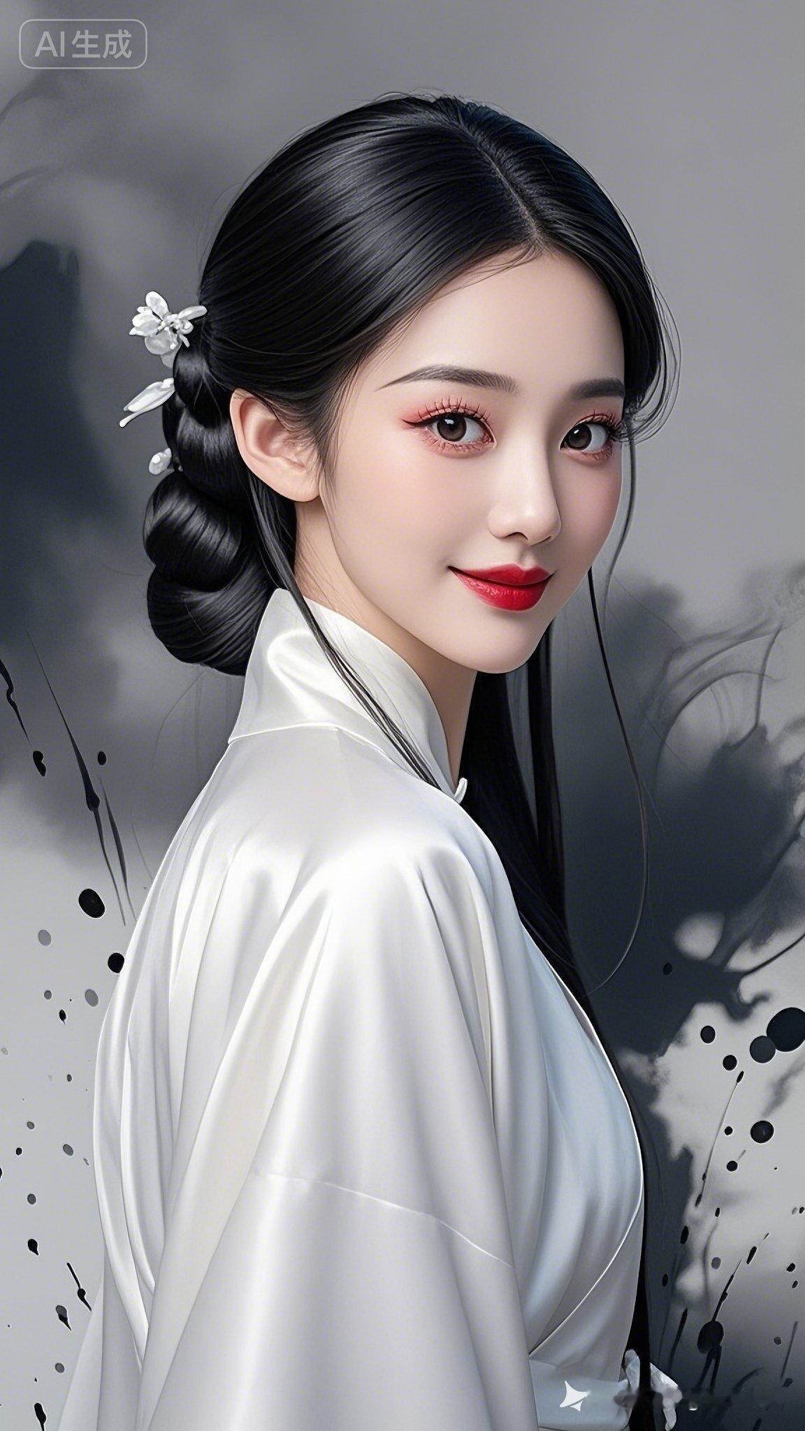 古风美人，黑发如瀑，红唇轻启，韵味十足。