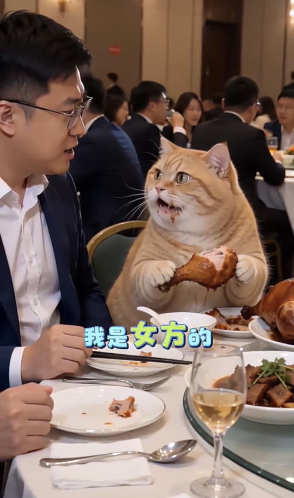 猫和人一起在吃饭，好有趣！