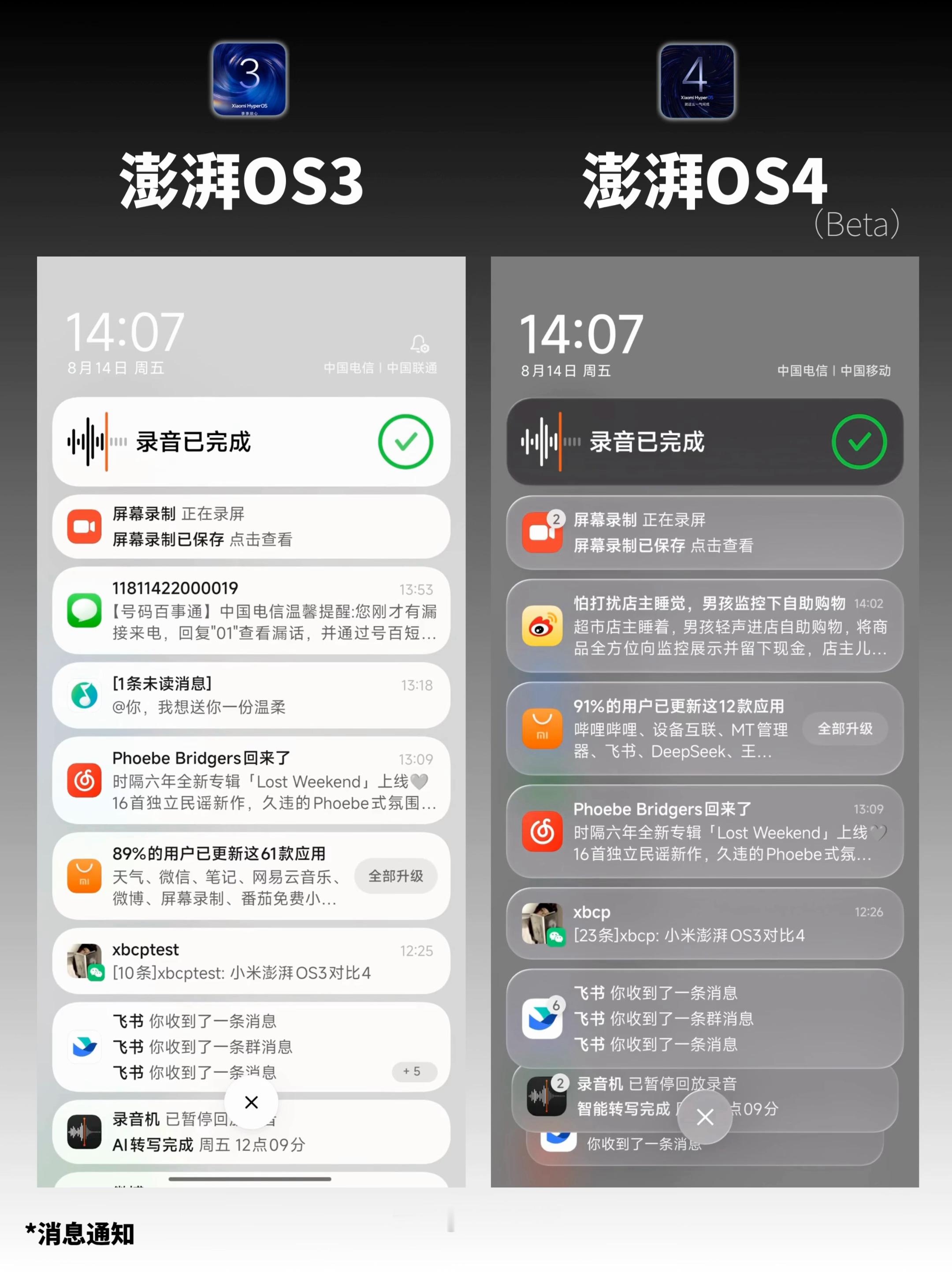 对比下小米新老系统的下拉通知界面，澎湃OS3🆚澎湃OS4，你更喜欢哪版？