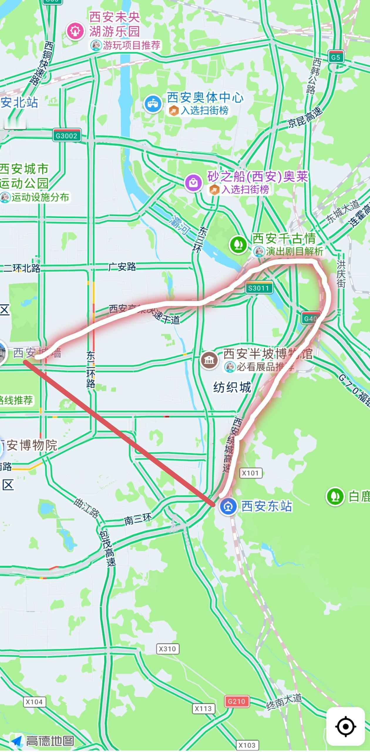 西安东站到西安站的普铁真是绕了一个大圈子，这么看来，只要地铁和快速路修到位，两站