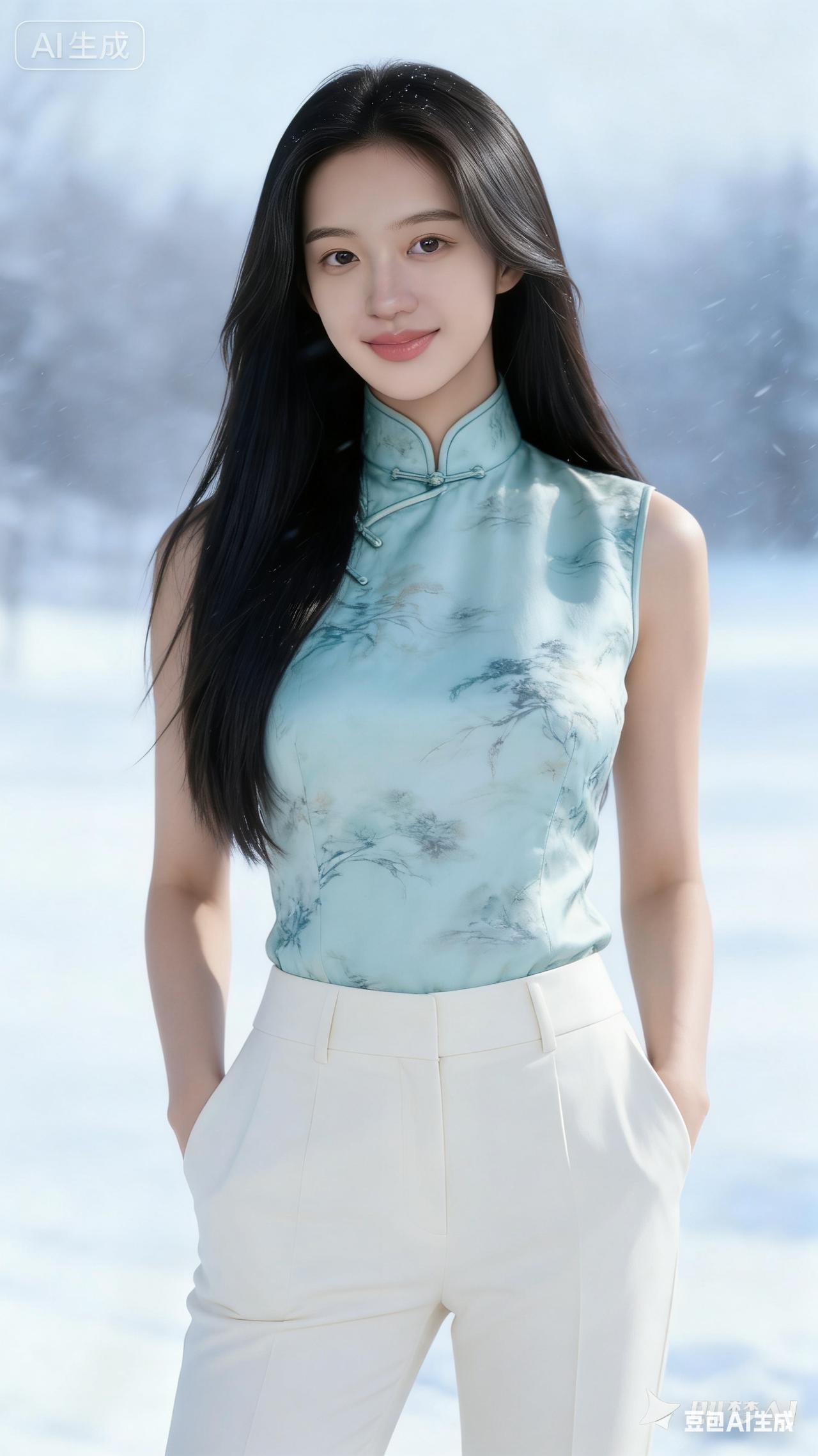 雪中美人立，风姿绰约间。