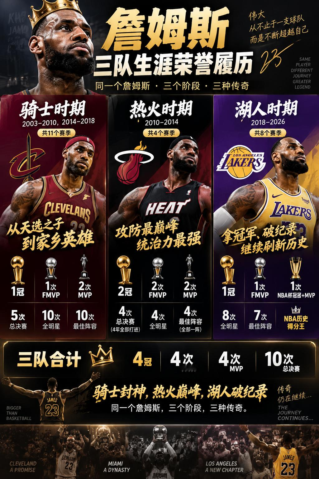 詹姆斯三队生涯到底有多强？骑士：11个赛季1冠、1次FMVP、2次MVP、5进总决赛。兑现承诺，成为