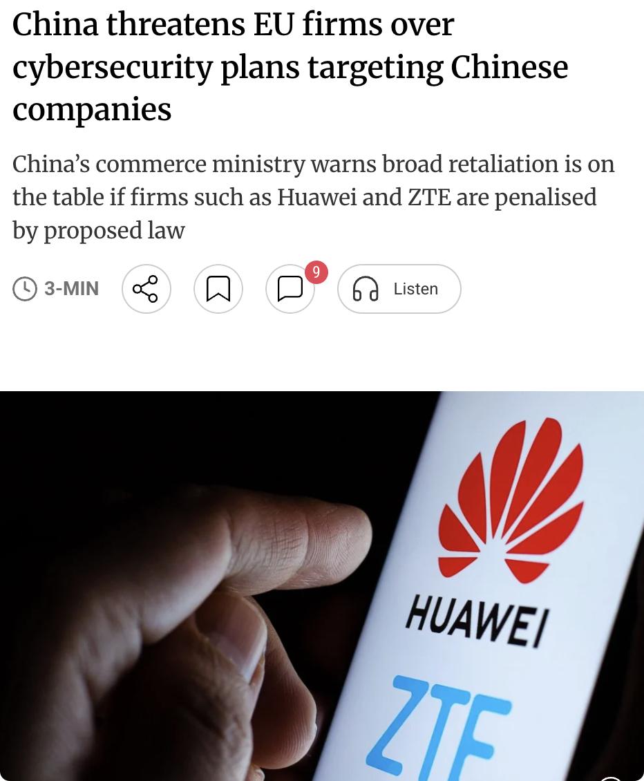 外媒：中国在向欧盟委员会提交的一份30页文件中明确表示，若欧盟将中国列为“网络安