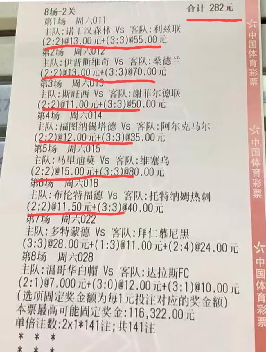 这张彩票还有机会中奖吗？票面显示:这是一张总投注额282块的彩票，过关方式选择