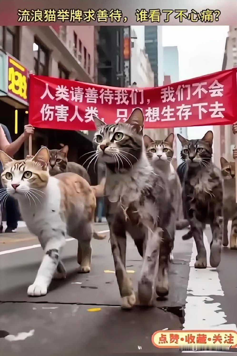 这些浑身沾满泥泞的流浪猫，举着“只想活下去”的牌子，徘徊在街头～它们从未想过