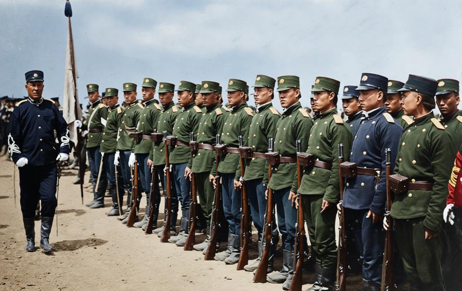 晚清，天津小站，新建陆军士兵队列，小站练兵是中国近代陆军现代化的开端，也是北洋军