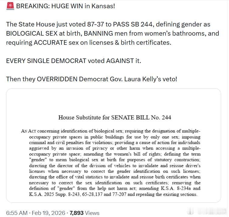 堪萨斯州众议院刚刚以87票对37票通过了SB244法案，将性别定义为出生时的生
