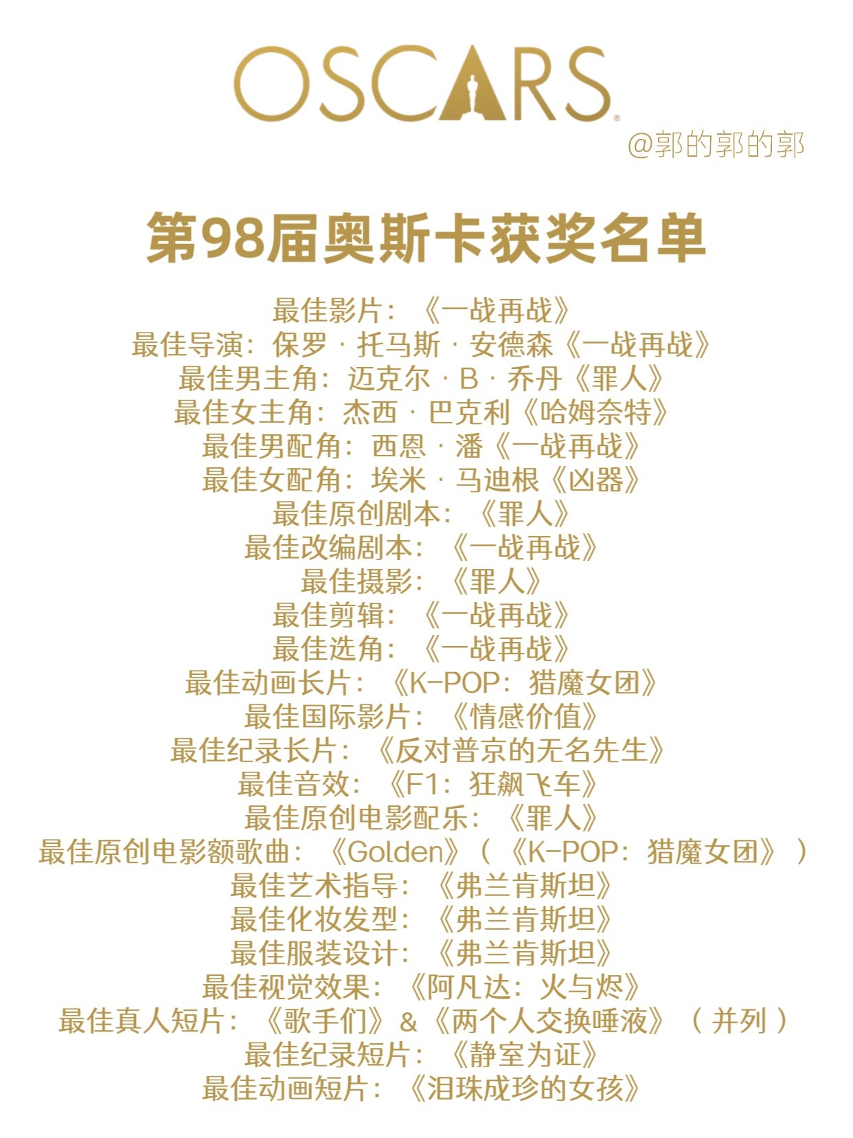 2026奥斯卡获奖名单第98届奥斯卡公布获奖名单，影片《一战再战》获得最佳影片在