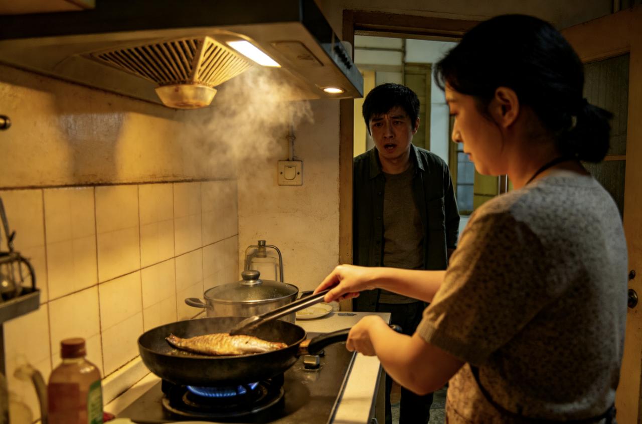 张伟决定和妻子坦白。他爱上了别人。妻子正在厨房煎鱼，油烟机轰隆响。他说：“我们