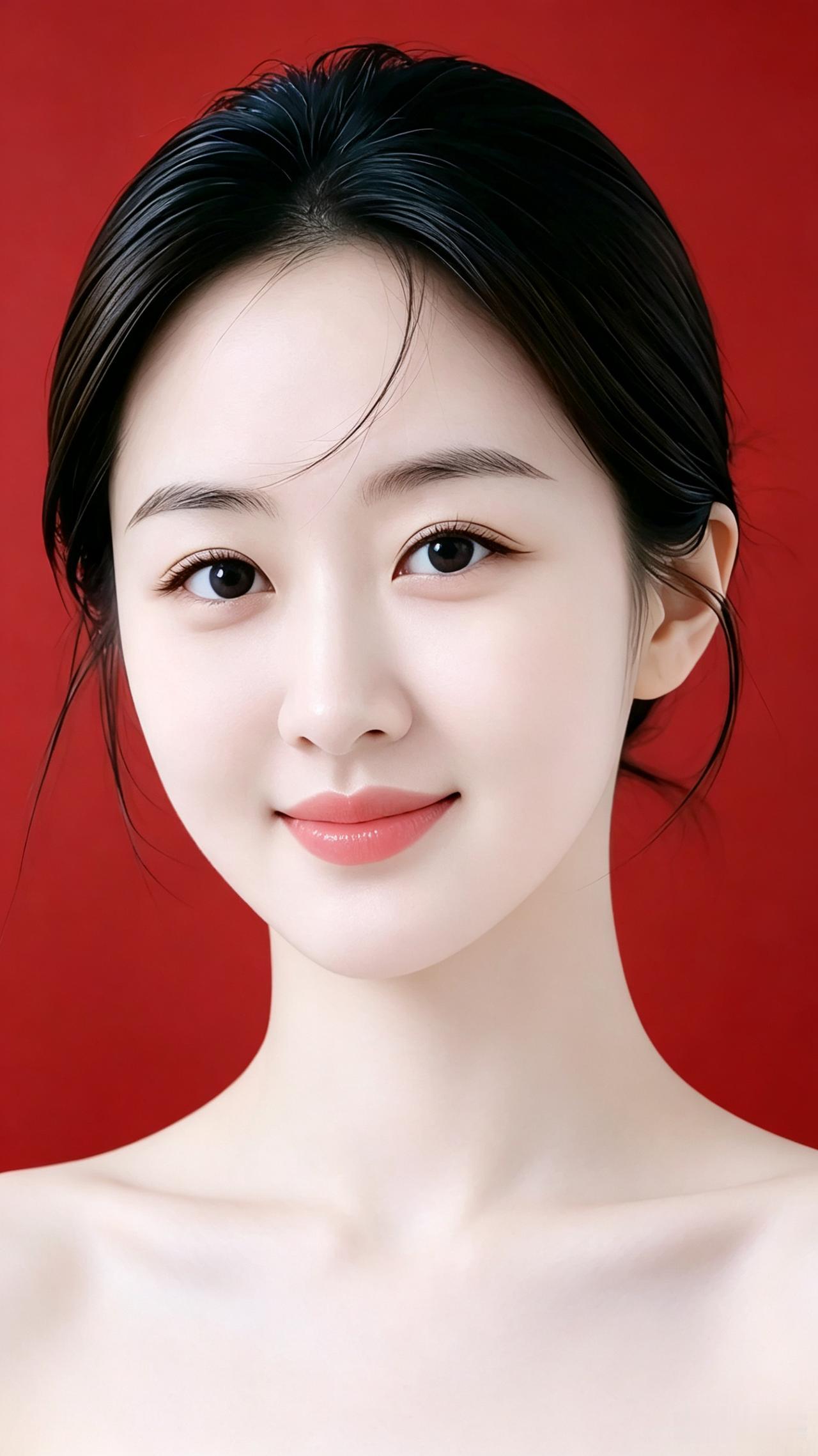 红底娇颜墨发轻盘成云髻柔丝数缕落眉前肌肤莹润如凝玉俏面玲珑似鹅蛋颈间纱