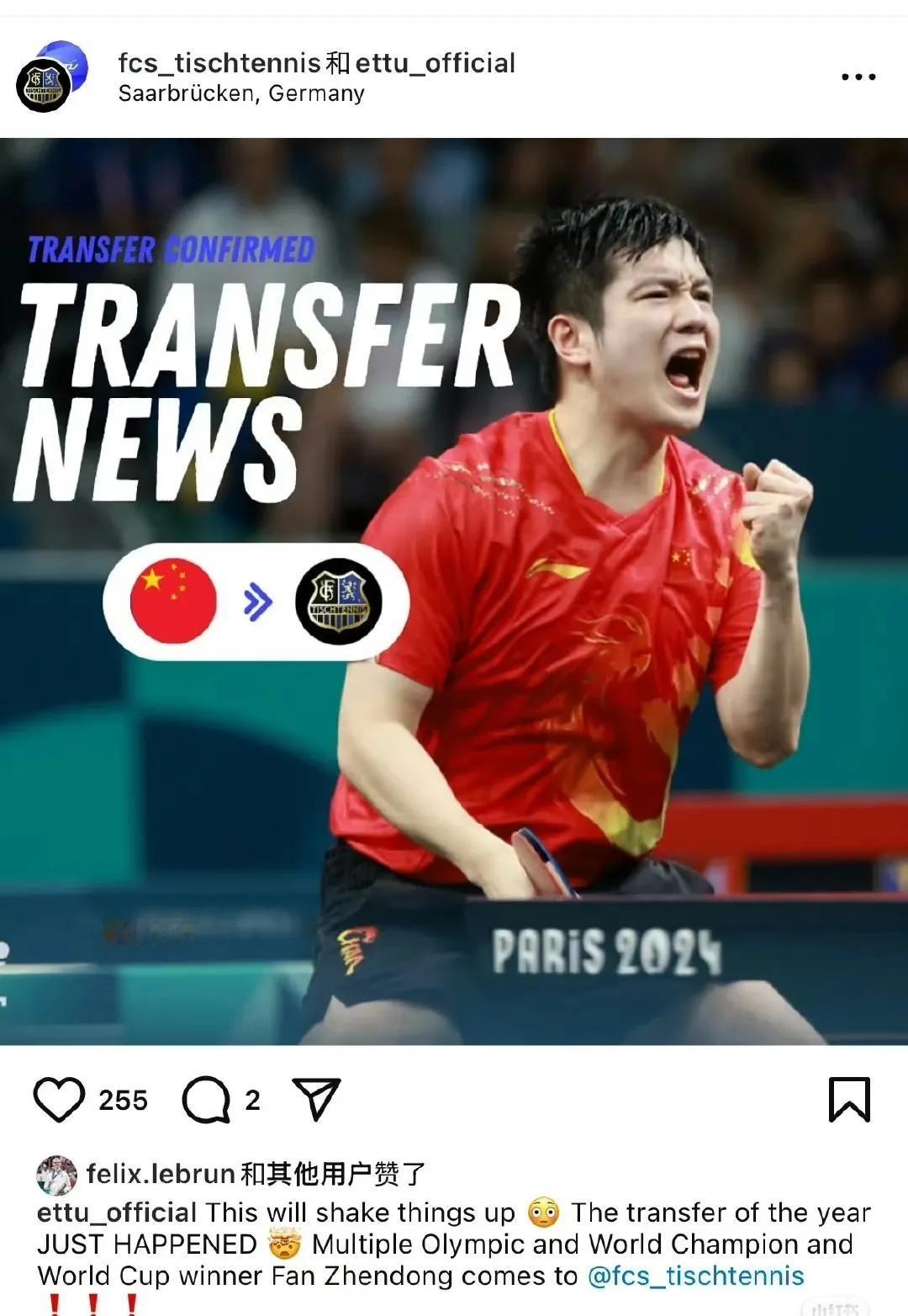 樊振东加盟德国乒乓球甲级联赛，据萨尔布吕肯俱乐部透露，是樊振东十天前联系了他