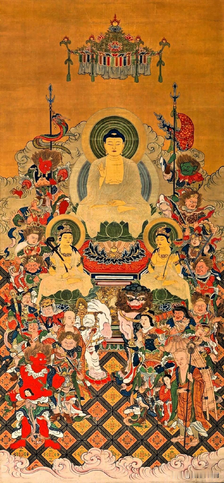 一帧古画，看懂一场温柔的守护🙏中央，是释迦牟尼佛的安然，两侧，文殊与普