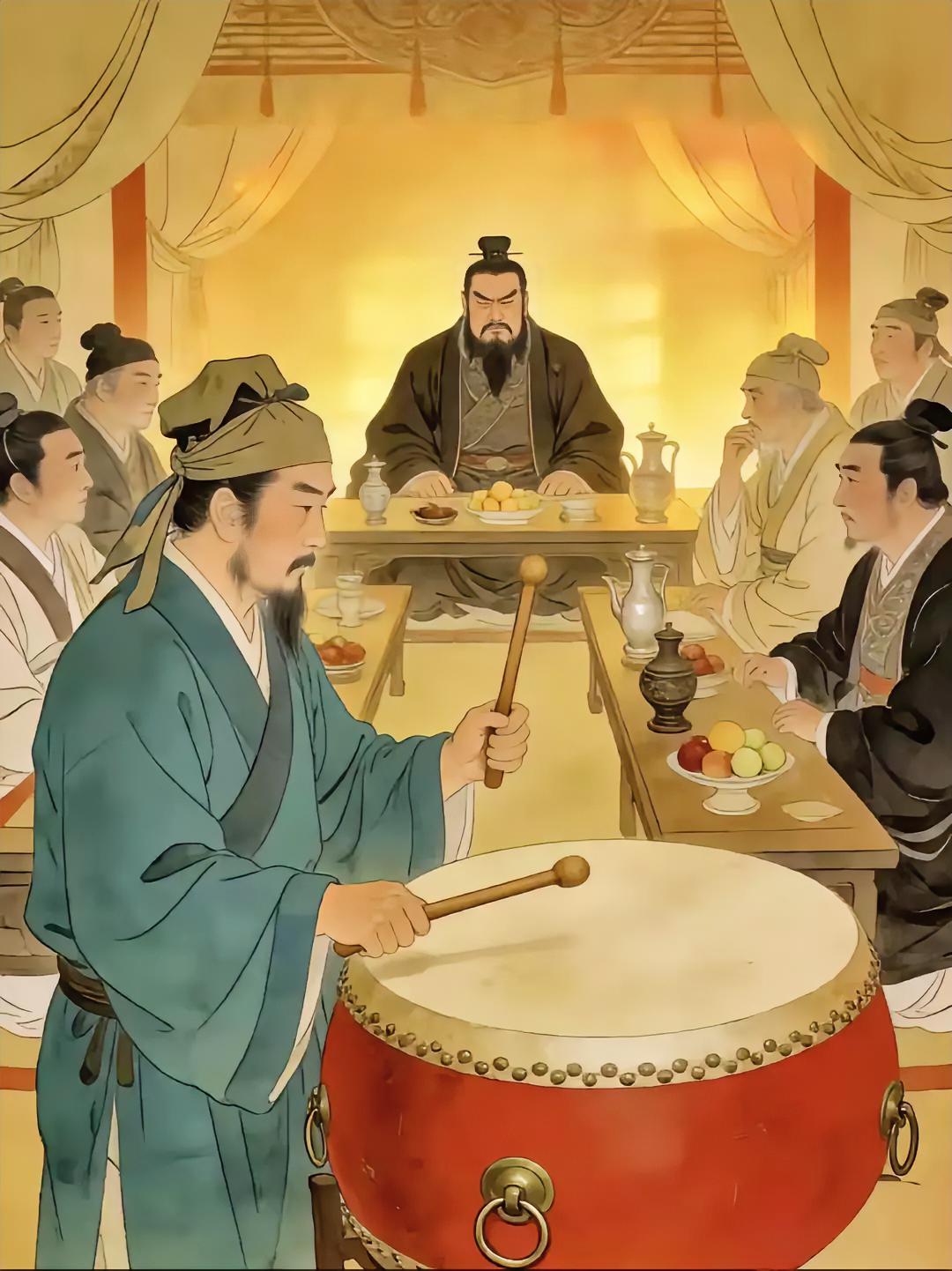 东汉末年，祢衡在曹操的宴席上表演击鼓，一时兴起却突然脱个精光，赤身裸体地故意面对