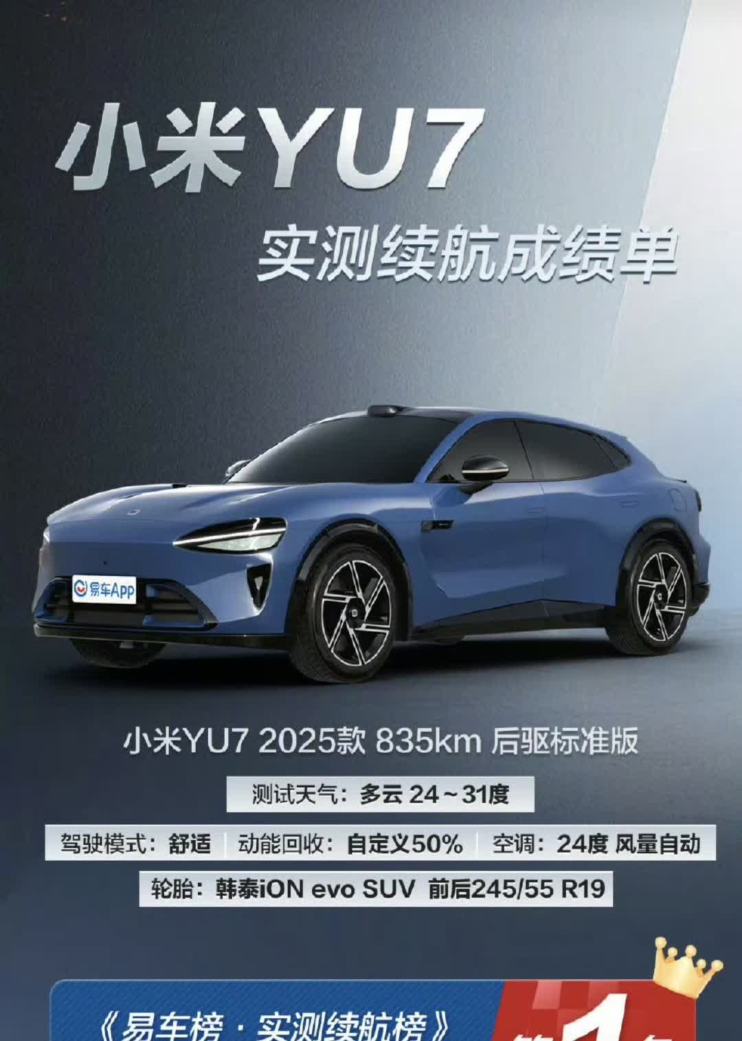 看了易车测小米YU7的续航高速路段平均时速85km/h城区路段37km/