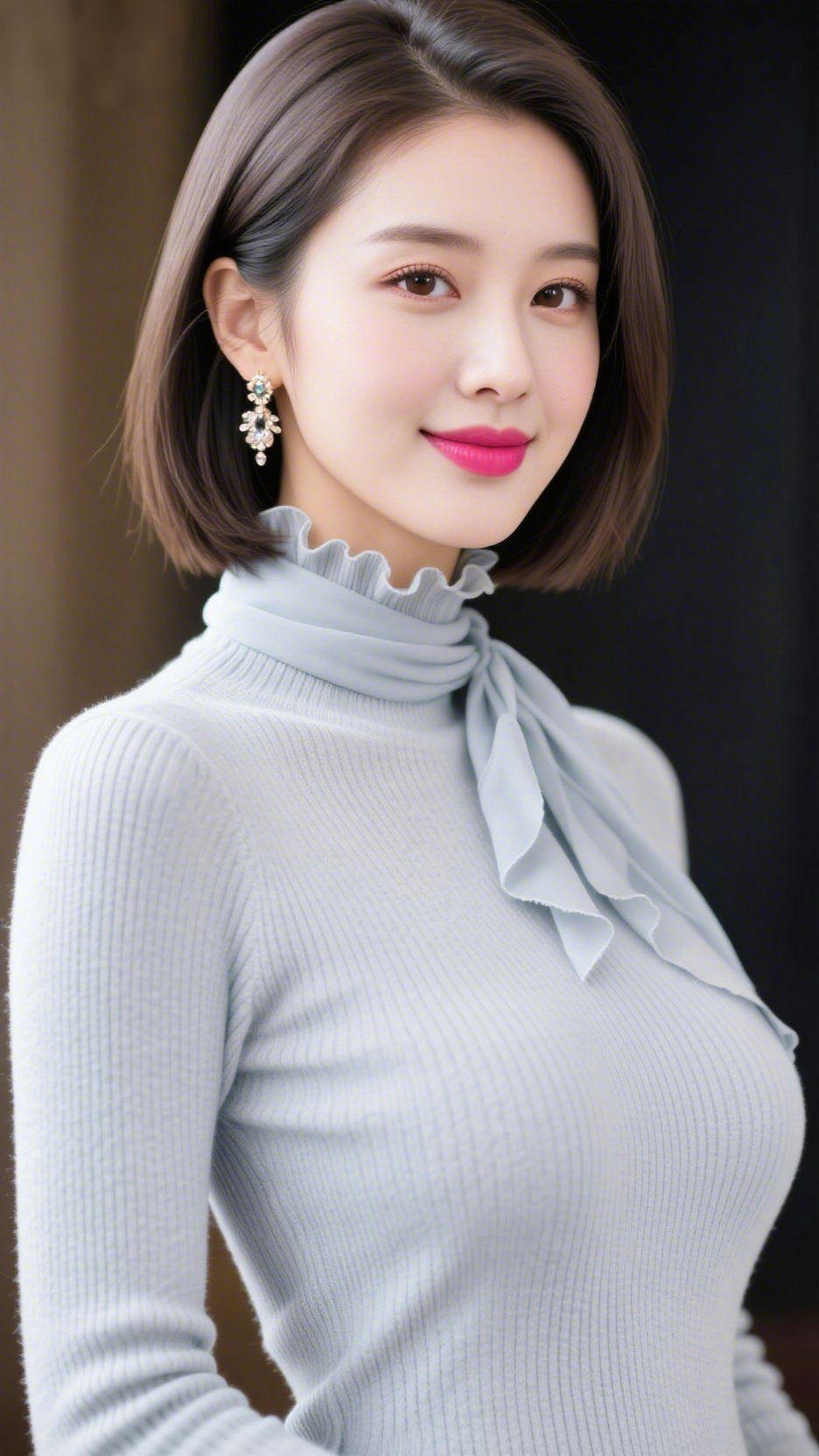 《浅柔里的雅意》浅调针织衫裹着舒展的妥帖，领口云褶木耳边轻贴颈间，飘带似揉