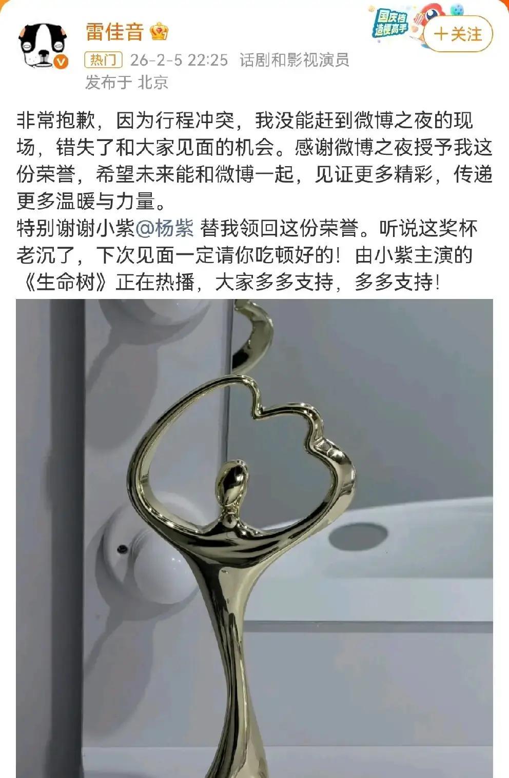 杨紫雷佳音一起拿下微博之夜年度口碑演员，奖杯还是杨紫代领。雷佳音在横店拍戏走