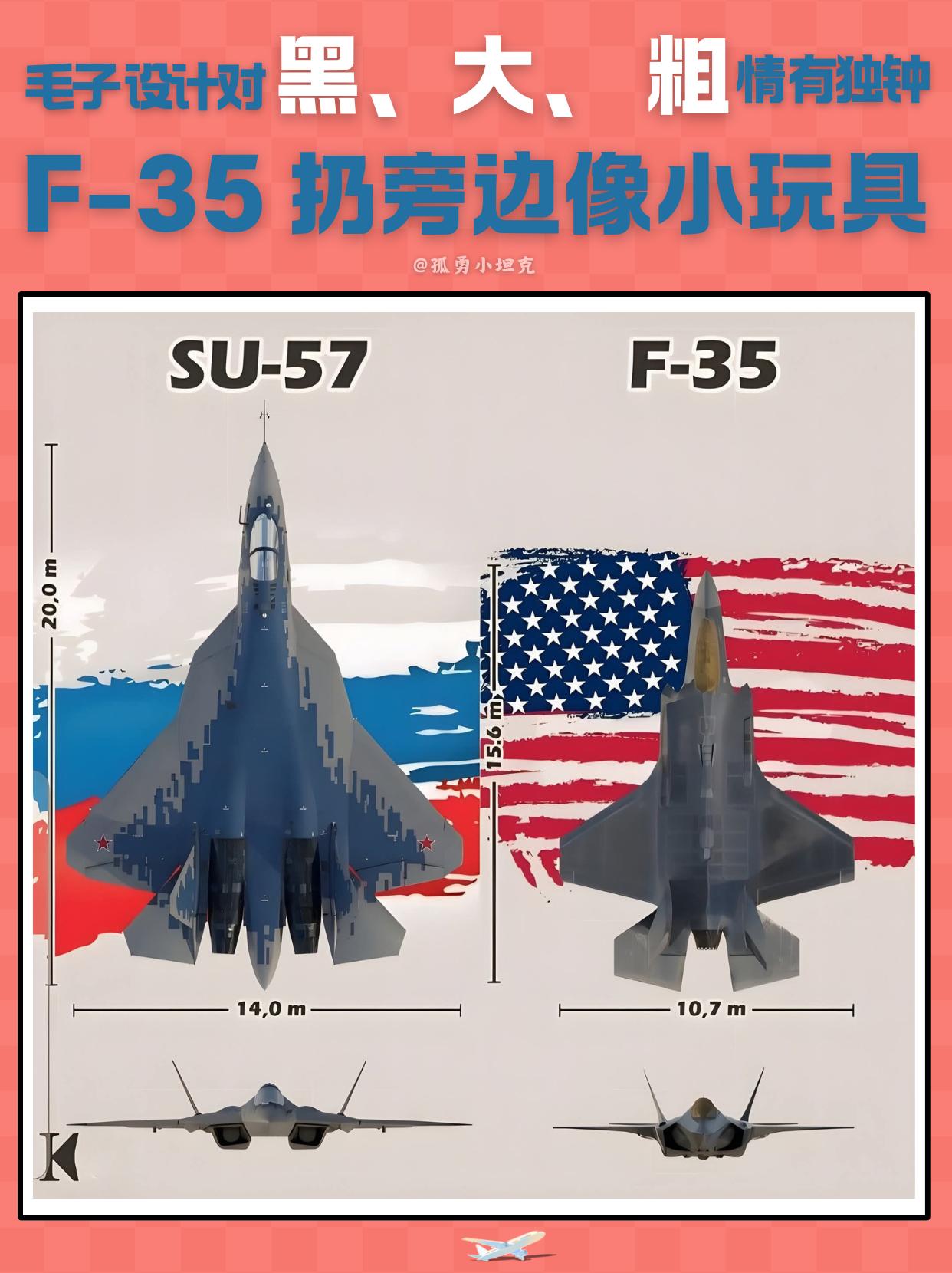 苏57和F35摆一块，确实像大人带小孩！光看尺寸数据，苏57比F35长了快5