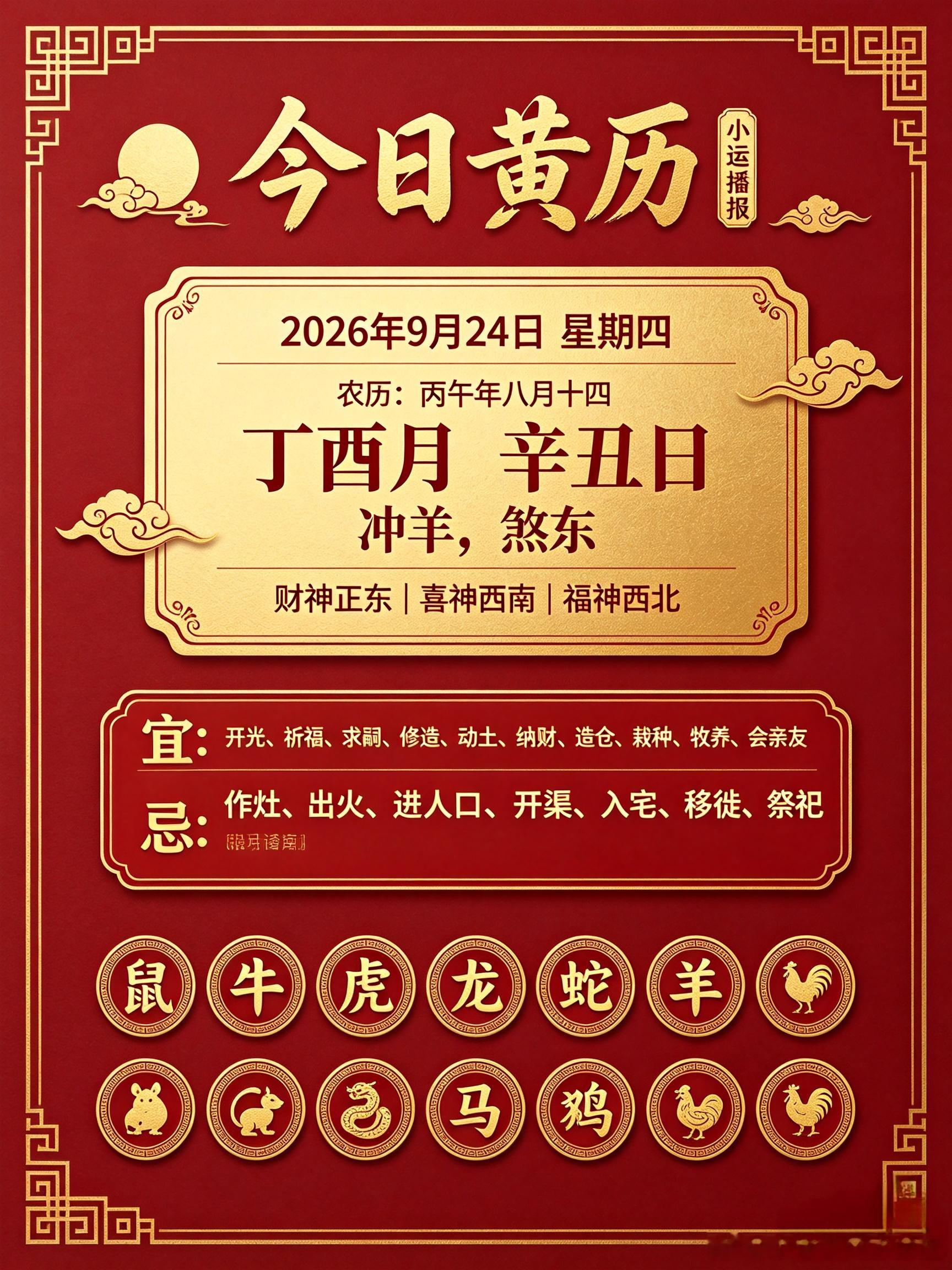 ✨小运播报｜2026年9月24日星期四农历：丙午年八月十四｜丁酉月辛丑日冲