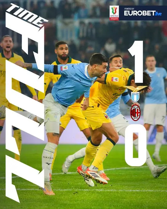 AC米兰在意大利杯1/8决赛中以0-1客场不敌拉齐奥，终结了连续13场不败纪录。