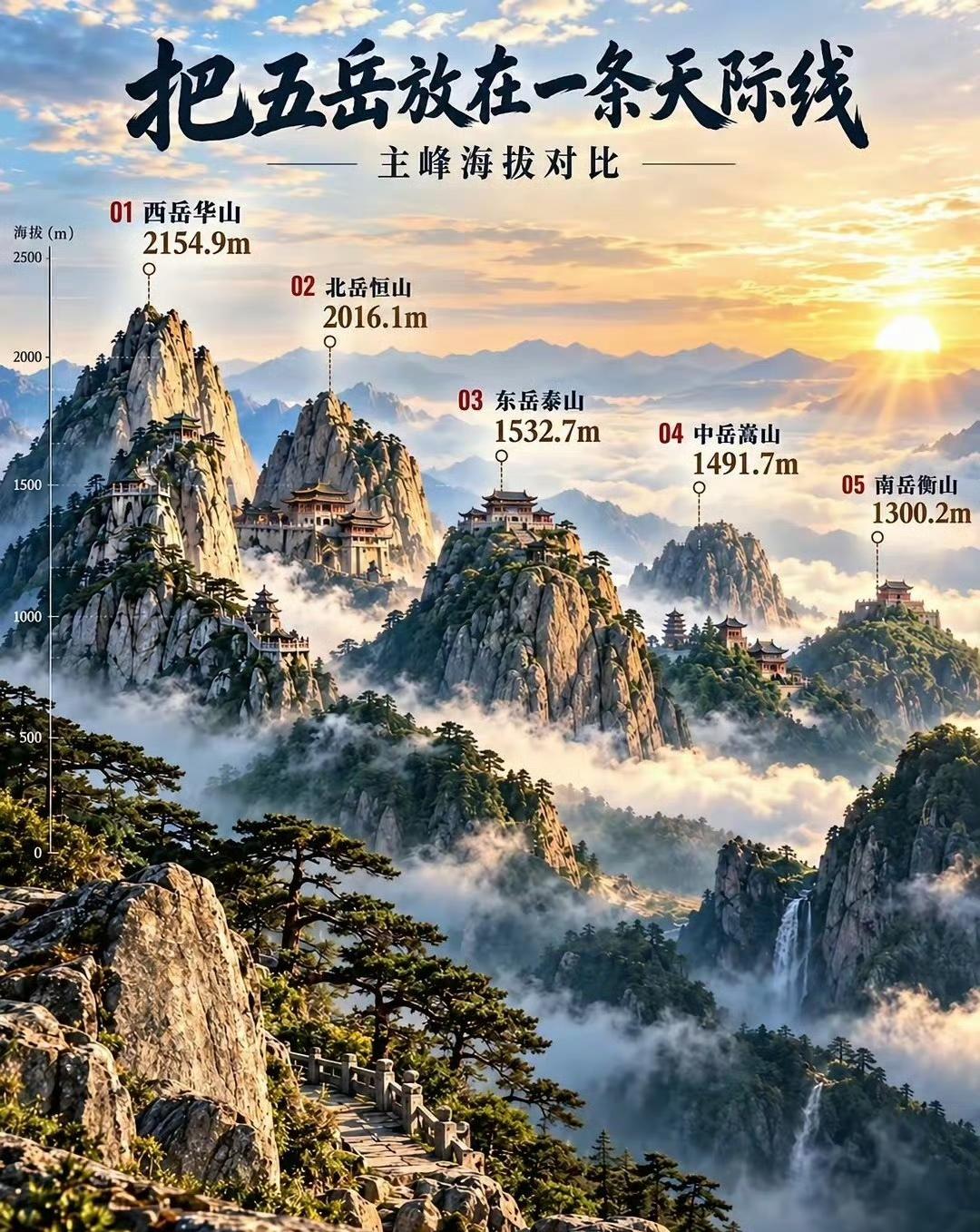 把五岳放在同一条天际线，一眼看懂谁最高！一张图直观感受中华五岳的雄伟壮阔🏔️