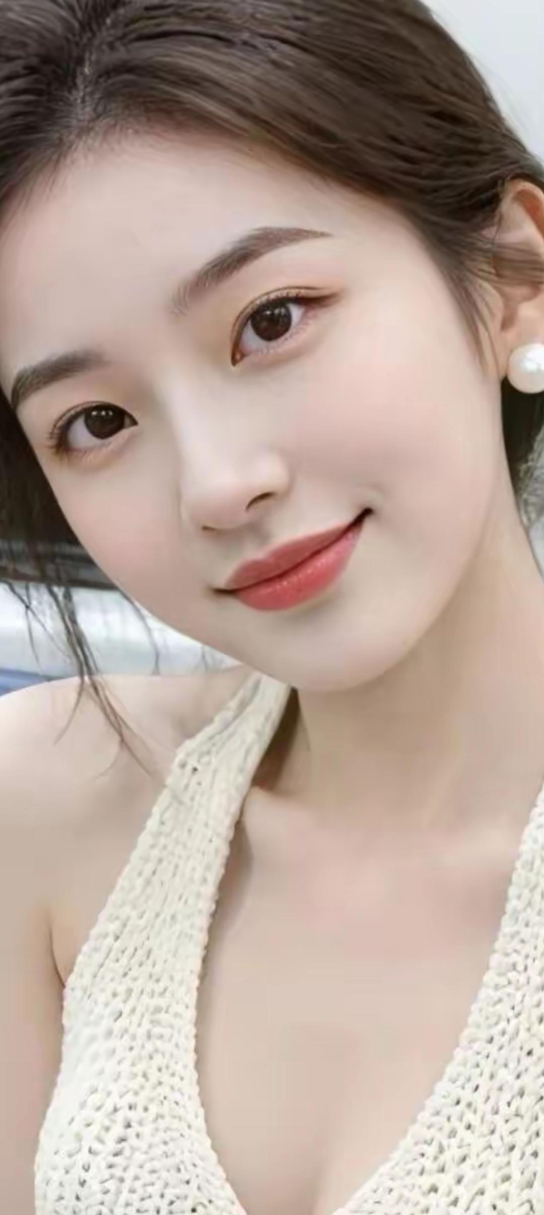 温柔甜美的微笑，珍珠耳环点缀，浅米色针织背心，清新自然。