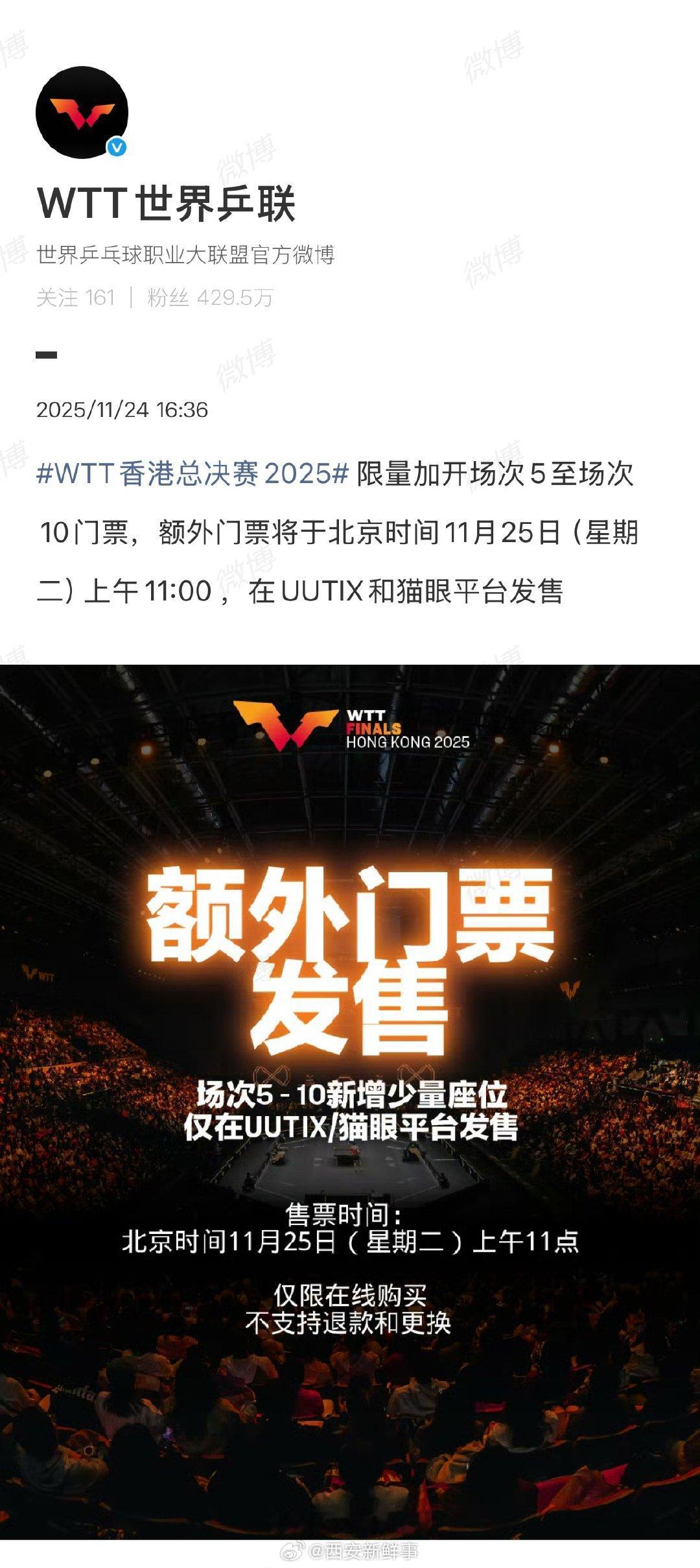 11月24日，发文宣布2025WTT香港总决赛限量加开场次5至场次10门票，额