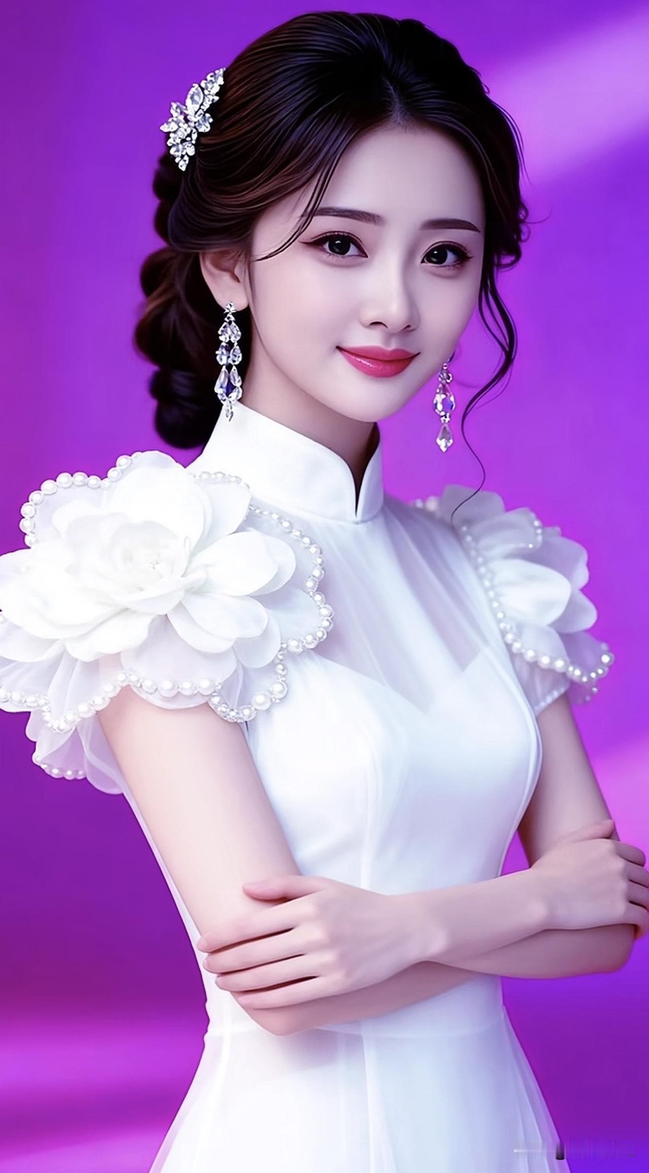 紫衣美人笑，花影入梦来。粉裳花影照紫裙韵紫衣佳人写真紫衣佳人写真仙裙晨韵
