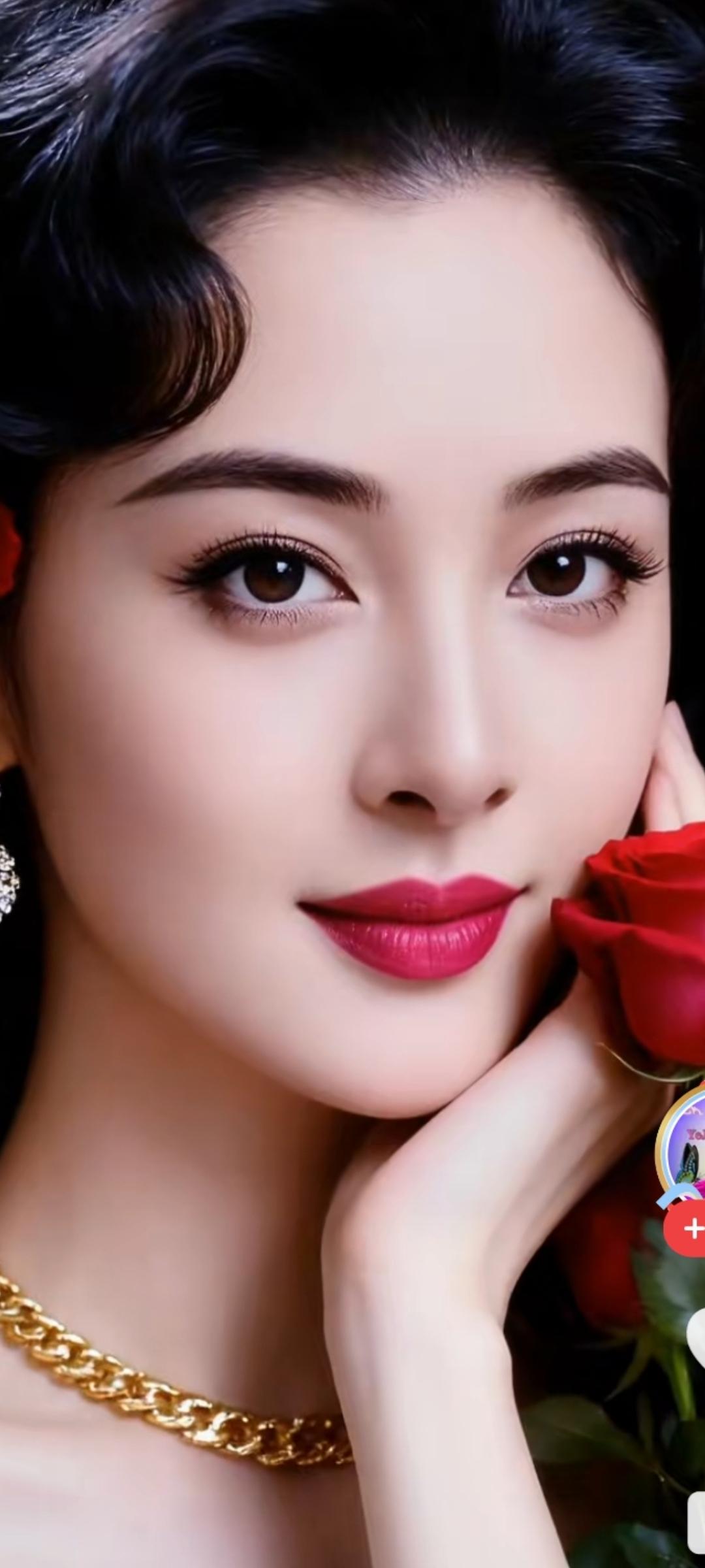 红玫瑰与黑发美人，优雅与魅力的完美结合。