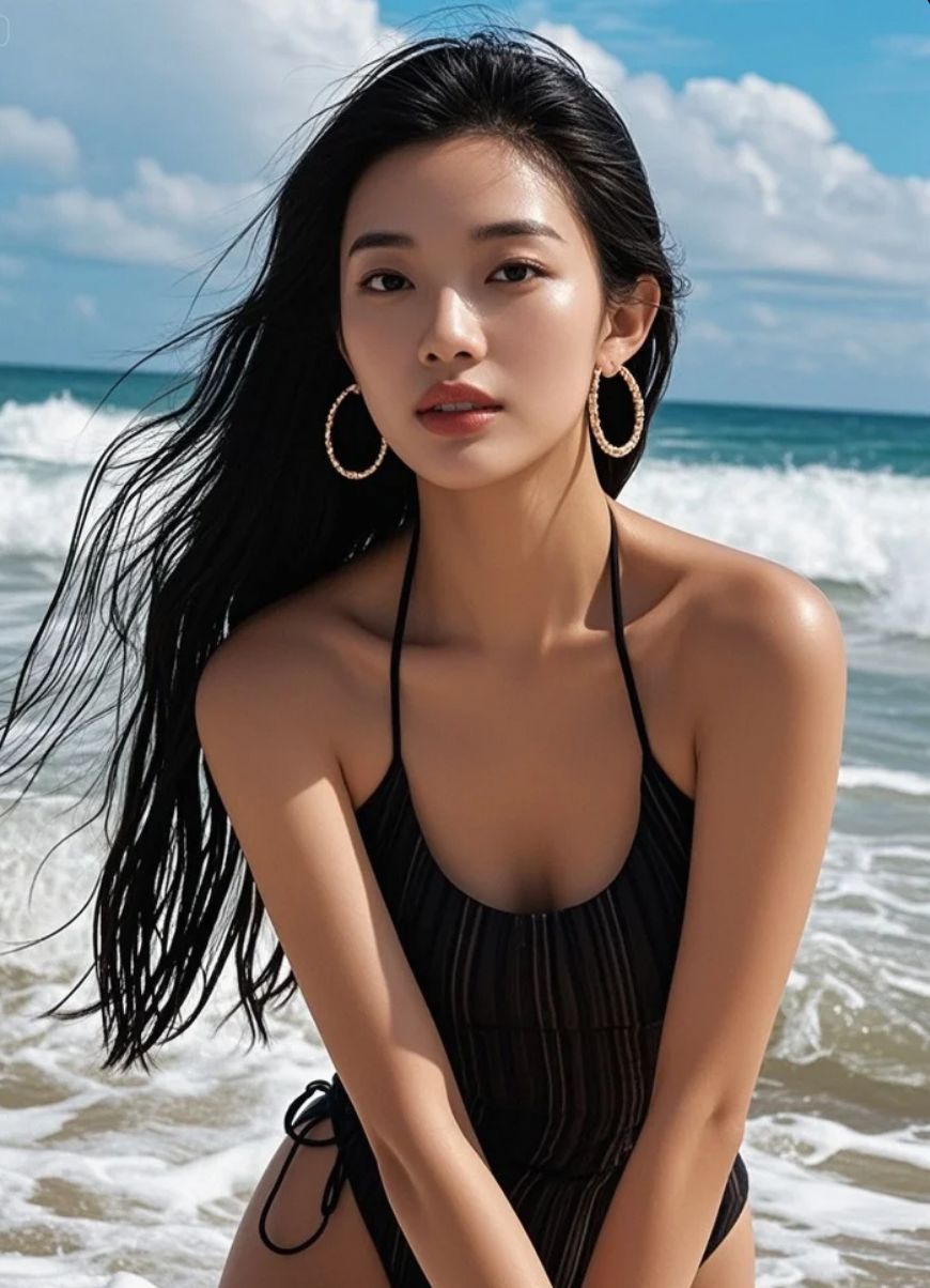 当美人遇上大海，连浪花都变得温柔了