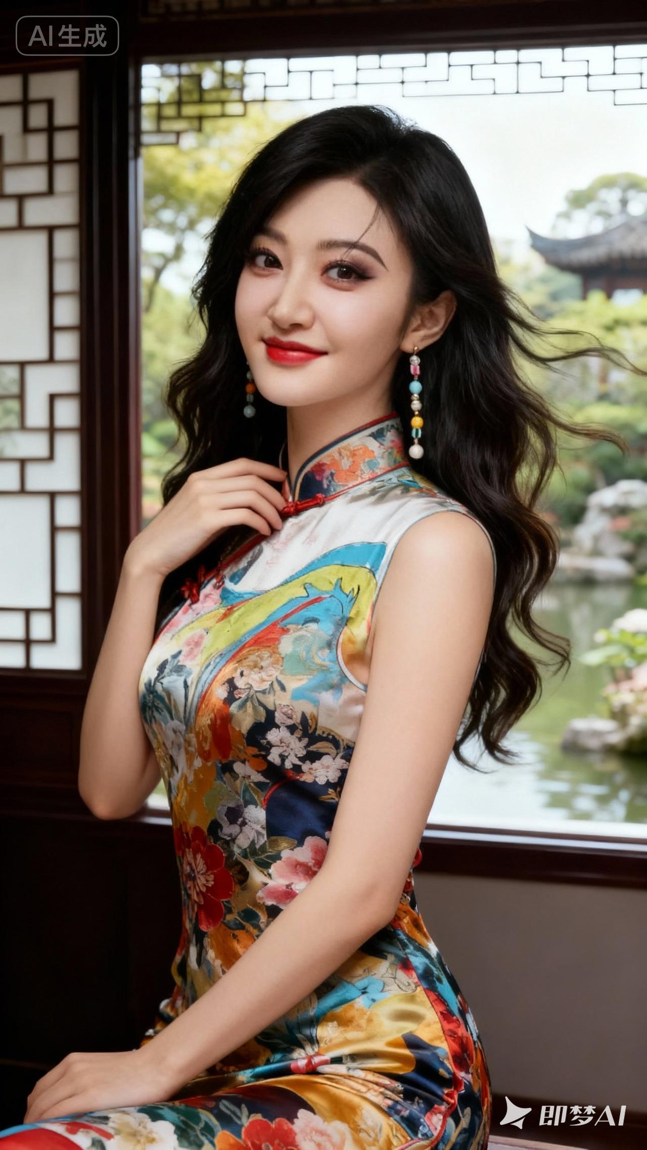 东方美人，花色旗袍，韵味十足