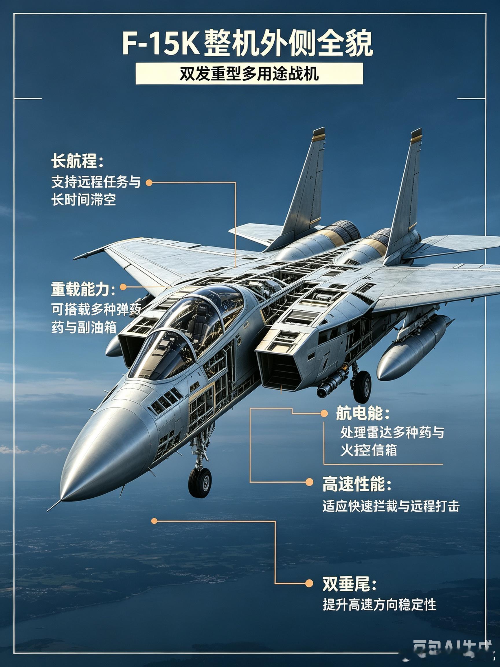 🔥F‑15K重型战机深度拆解｜远程打击的重型空中平台🌐机队现役共59架，最大载弹量10.4吨，设
