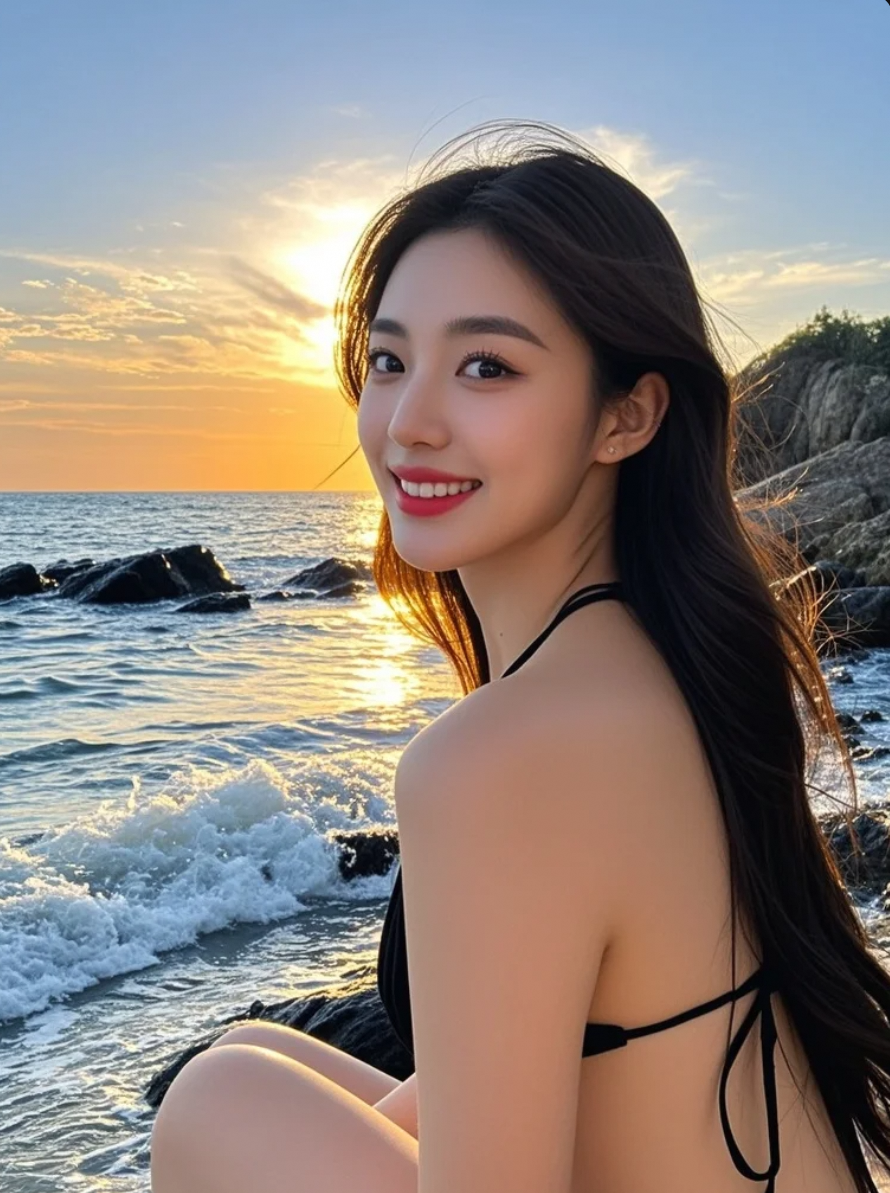 落日余晖洒在脸上，她笑着，眼里含着光